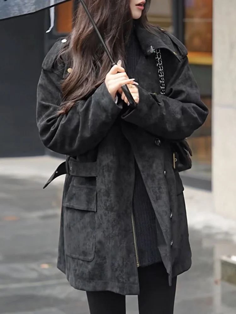 

Faionable Retro Splicing Women's Cotton Jaet Mid-Length Stand Collar Waist-Cinching Coat Korean Sle Commute Clothes