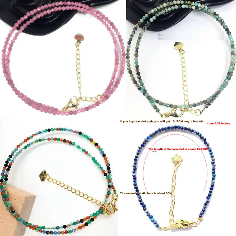 Colares de contas de pedra natural, pulseira de 2-3mm, contas redondas facetadas de quartzo, turmalinas, mini contas, colares para mulheres, presentes de joias