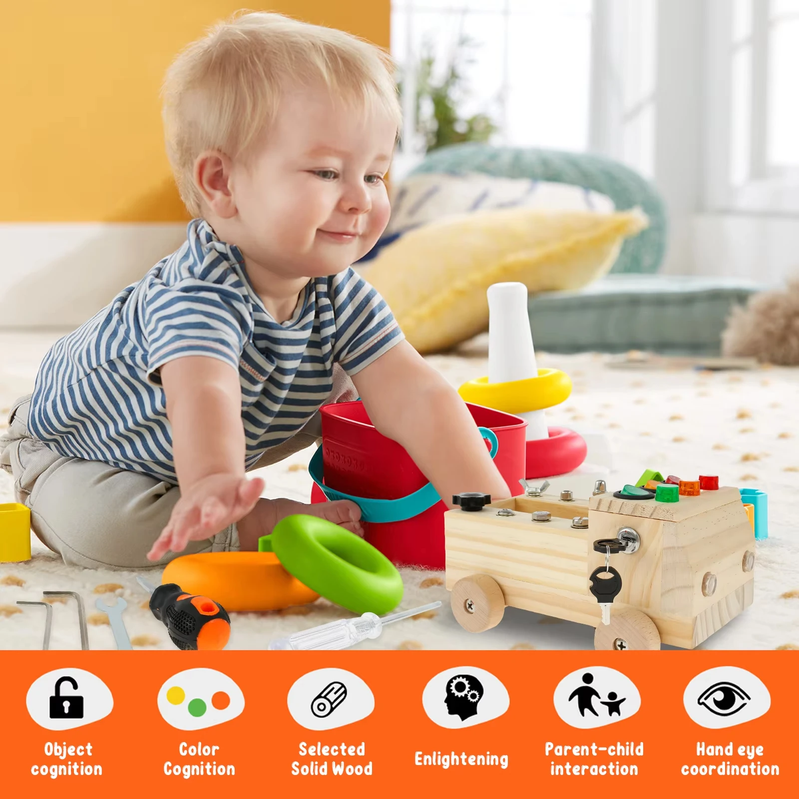 Wooden Montessori Busy Board 2-4 Years Old Children's Early Education Puzzle Toy Sensory Toys Switch Control Box Cart Screw Game