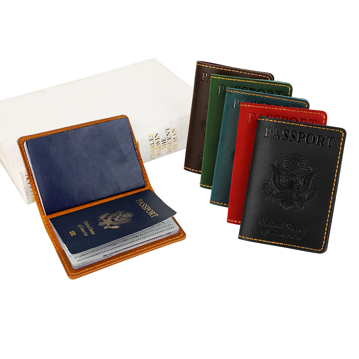 حامل جواز سفر أمريكي متين من الجلد الطبيعي - غطاء حماية مع فتحات متعددة للبطاقات لجوازات السفر والوثائق الأمريكية