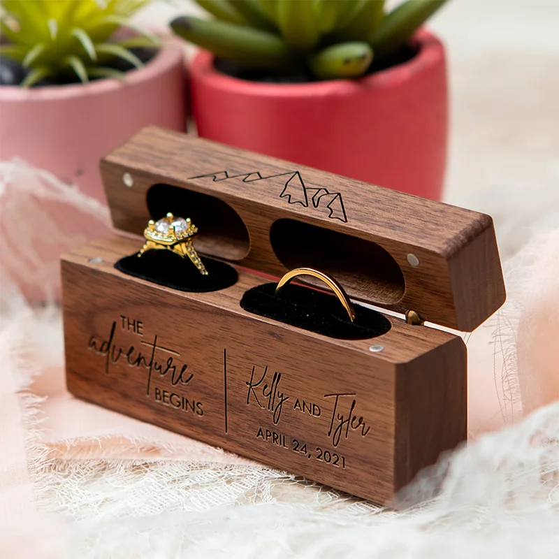 Customized Wooden Couple Ring Storage Box Engraved with Personalized Pattern Unique Meaning Jewelry Organizer for Lovers