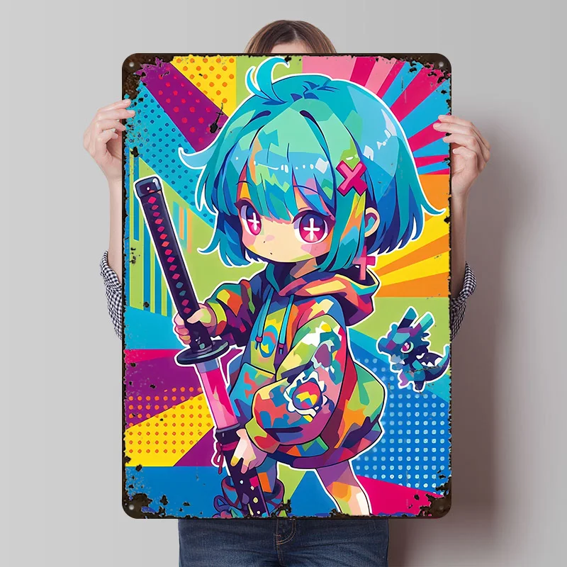 Anime-Mädchen mit Katana und Drachen Metallposter Individuelle Wandkunst Retro Vintage Blechschilder für Garagendekoration Raumdekoration