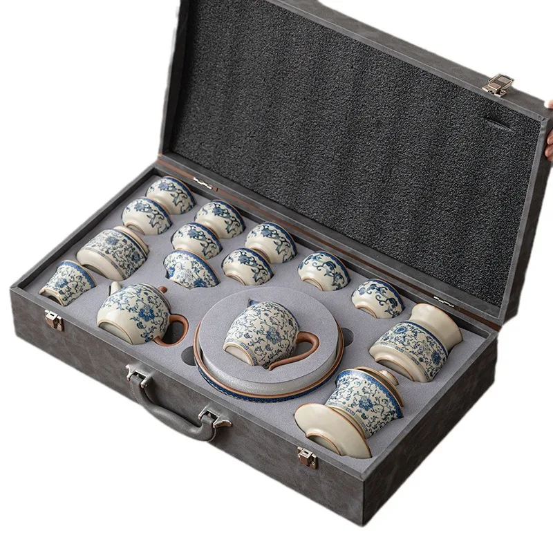 

Ru Kiln Tea Set Household High-end Ceramic Chinese Blue and White Teapot Kung Fu Tea Set Gift Box Set