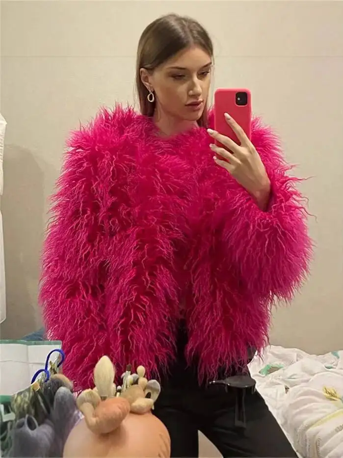 Big Size Purple Red Warm Faux Fur Jacket New Round Neck Long Sleeve Women Coat Fashion Autumn Winter 2026 CPG8