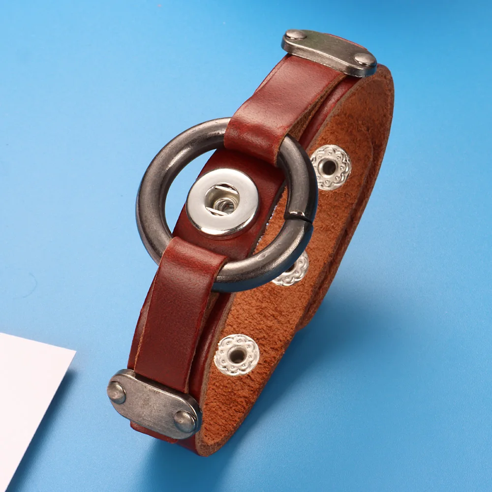 Brown Interchangeable 009 Real Genuine Leather Bangle Fit 12mm 18mm Snap Button Bracelet Charm Jewelry For Women Men Gift