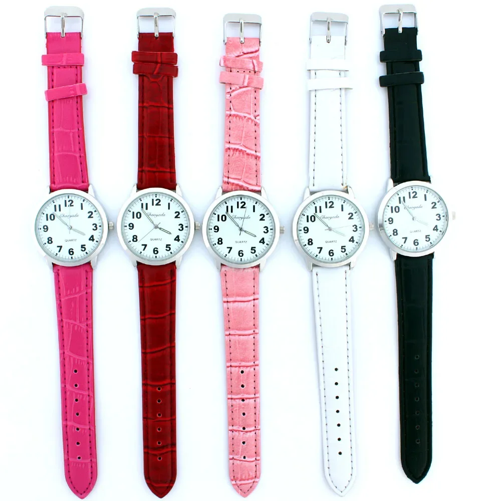 

5Pcs Quartz Wrist Watch with Leather Bracelet Round Number Dial Student Watch for Women