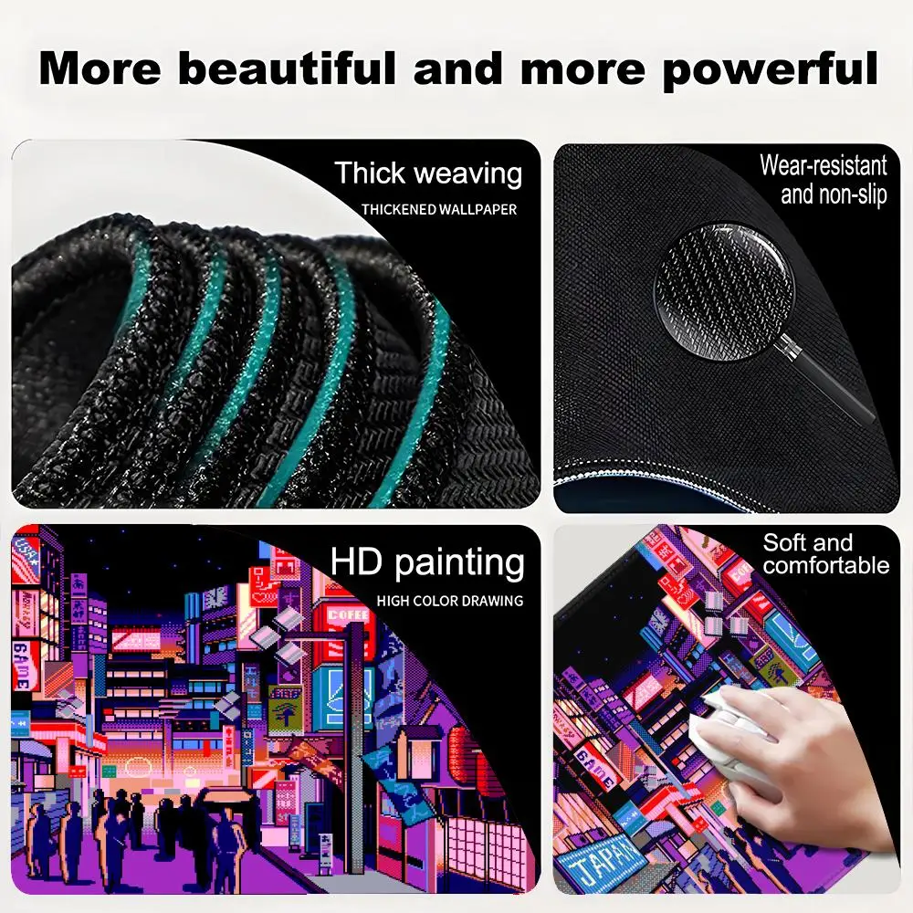 Retro Vaporwave Mousepad Neon Tokyo Street Pixel Art Purple Japanese Anime Skyline city Desk Mat XXL Gaming Mouse Pad Multip