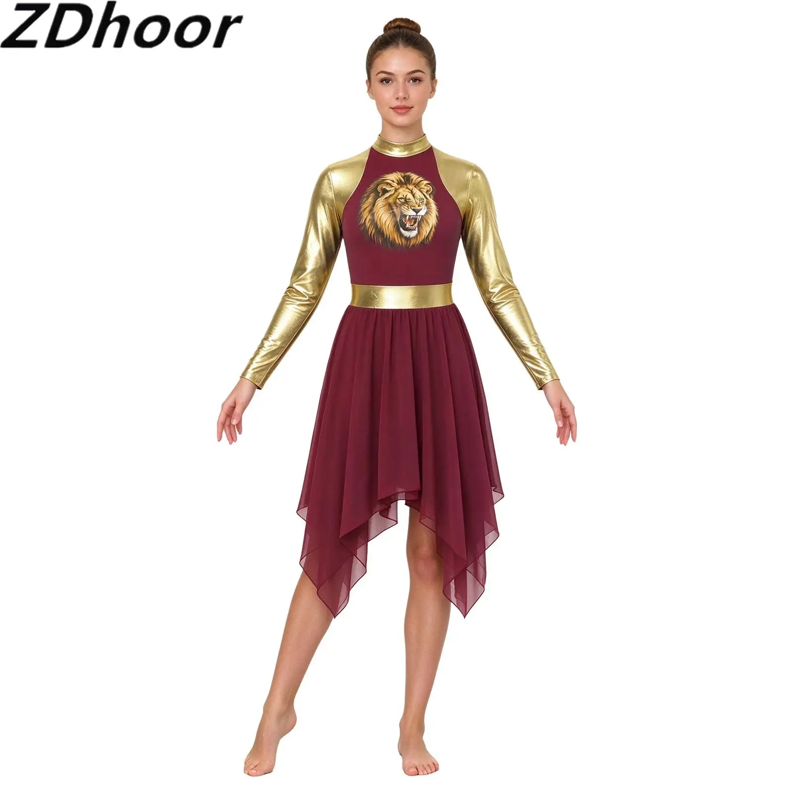 Women Liturgical Praise Dance Dress Metallic Patchwork Long Sleeve Back Invisible Zipper Lion Printed Irregular Hem Dress