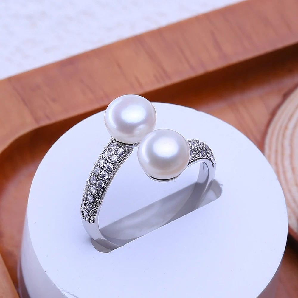 FENASY Natural Freshwater Double Pearl Rings For Women 925 Sterling Silver Party Jewelry Adjustable Wedding Engagement Ring