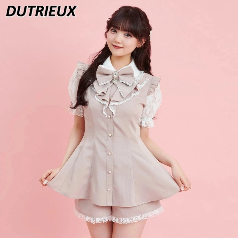 Japanese Sweet Lolita Suit Short Sleeve Shirt Lace Trim Big Bow Lace Slimming Patchwork Tops and Base Shorts Two-Piece Set