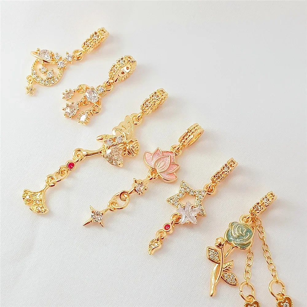 

14K Copper Plated with Gold and Set with Zirconium Rose Lotus Planet Pendant Diy Bracelet Necklace Accessory