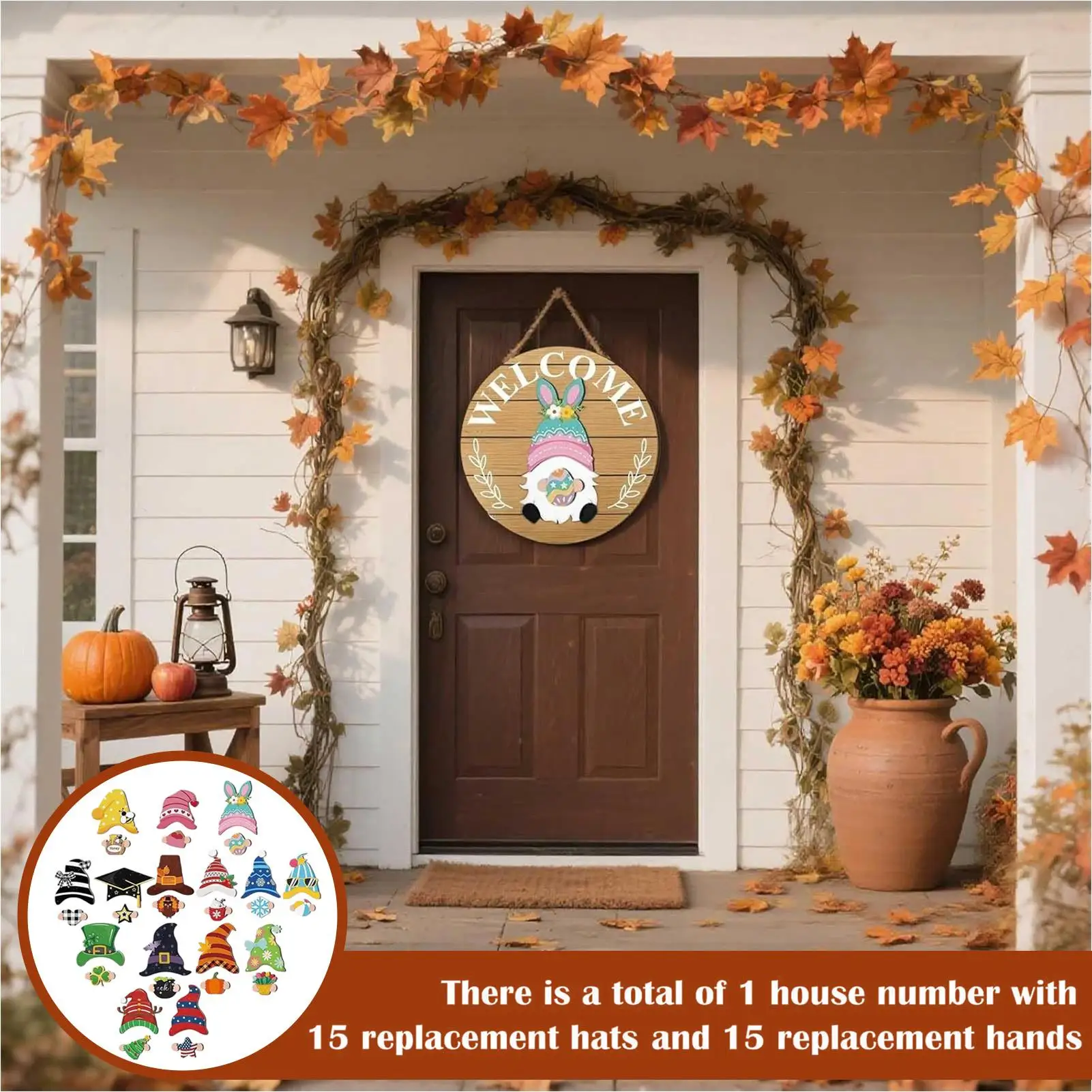 Wooden Decor Set -Gnome Interchangeable Seasonal Figures with Magnetic Pieces, Detachable Hats & Changeable Welcome Sign