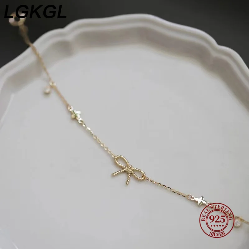 LGKGL 100% 925 sterling silver bow bracelet with 14K gold plated four-leaf clover thin cross simple new style