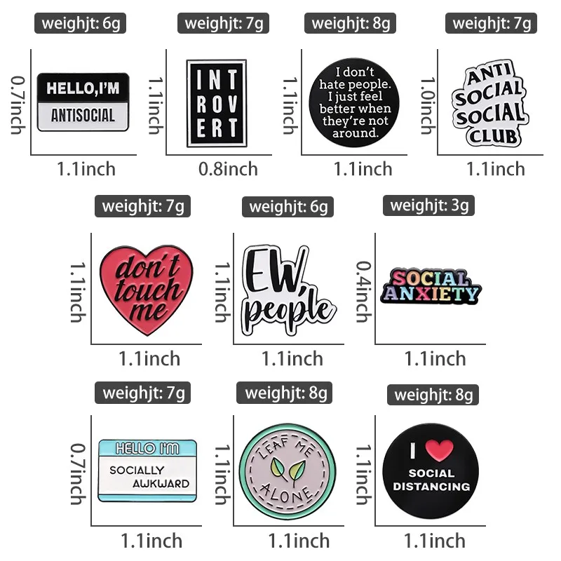 Anti-social Introverts Enamel Pins Custom Social Anxiety Brooches Lapel Badges Cartoon Fun Quotes Jewelry Gift for Kids Friends