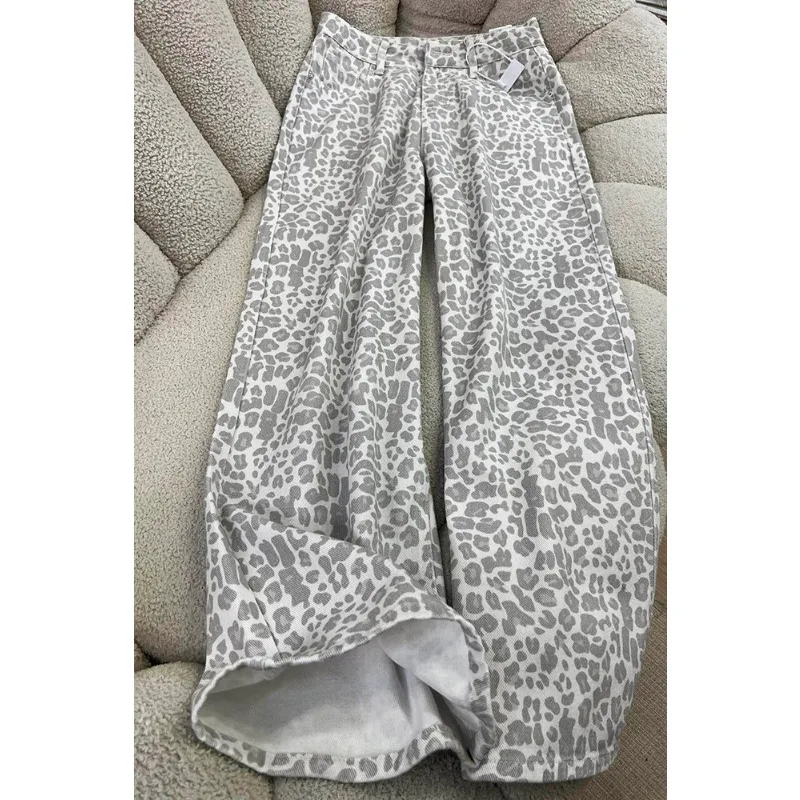 2026 New Women's Leopard Print Jeans Retro American Style High Waist Loose Wide Leg Casual Streetwear Floor-Length Denim Pants