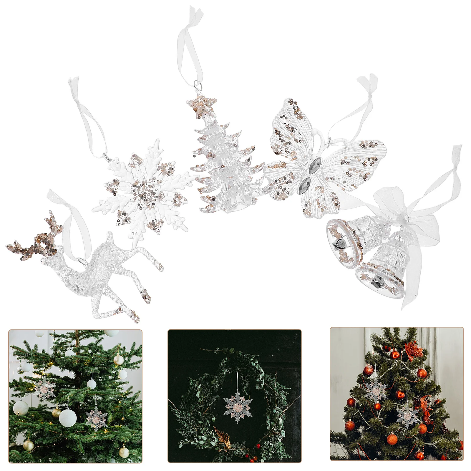 

5Pcs Clear Christmas Hanging Ornaments Acrylic Snowflake Butterfly Elk Bells Holiday Winter Tree Decorations Party