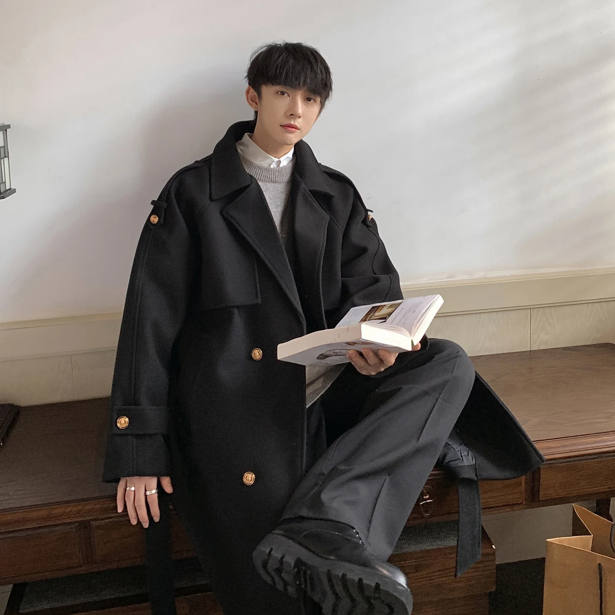 Woolen Coat Men's Mid-Length Autumn Winter Thickening High-End Woolen Coats Korean Style Trendy Loose Handsome Men Clothes