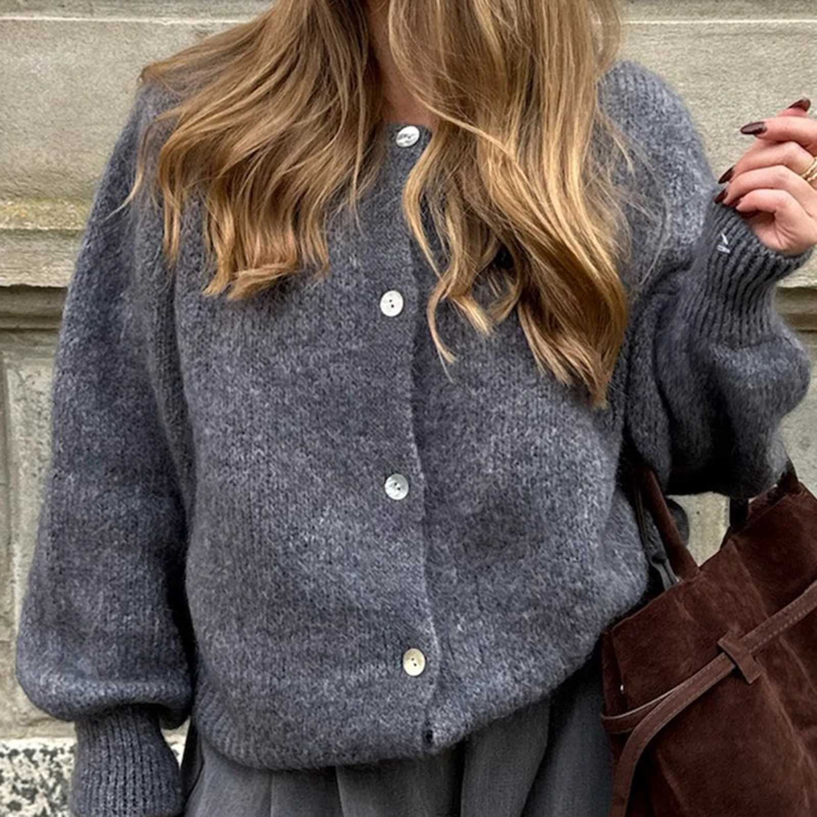 Donna Autunno y2k Vintage Girocollo Cardigan lavorato a maglia Basic monopetto Manica lunga Tinta unita Maglioni con bottoni Crop Top