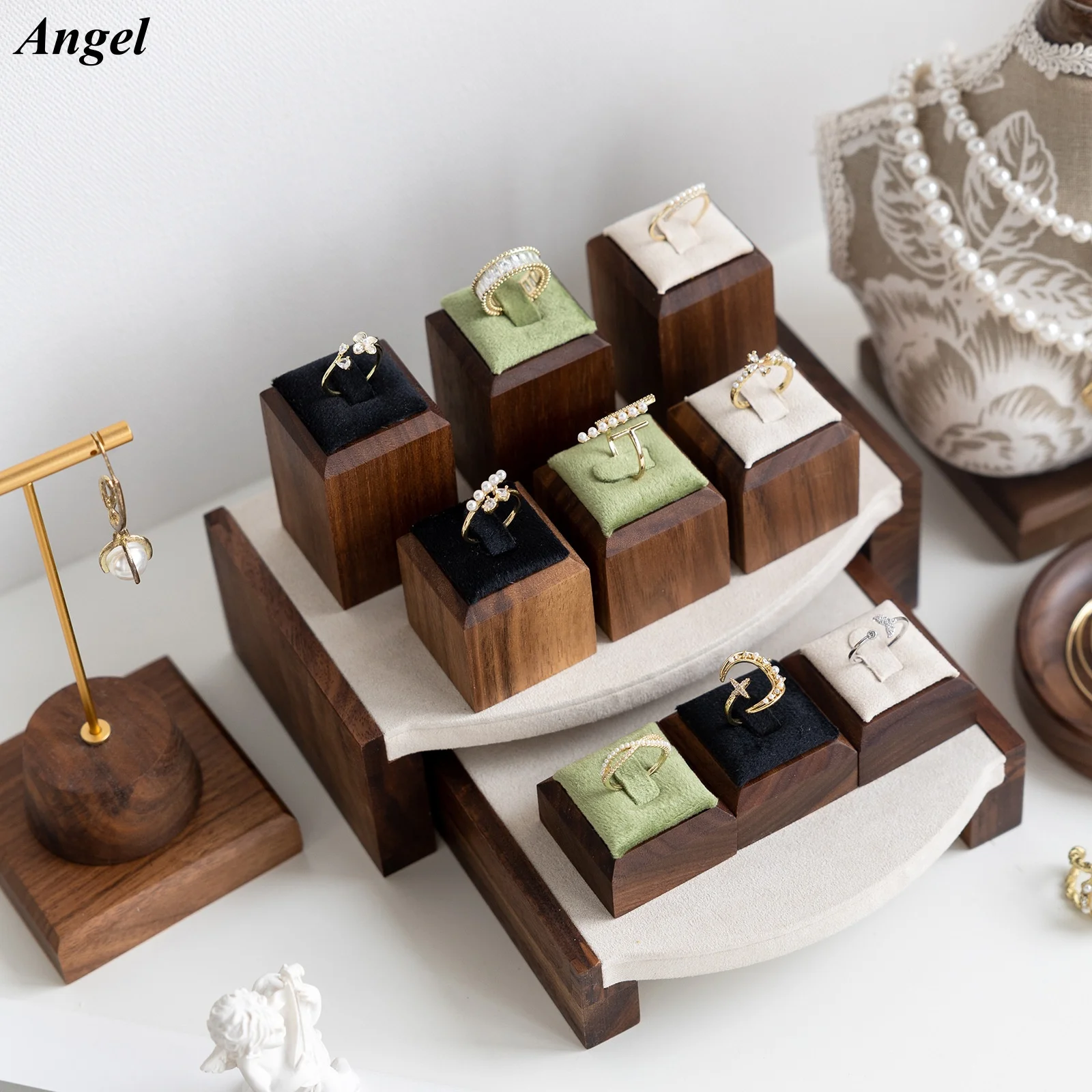 

Подставка для колец из орехового дерева с бархатом, держатель для ювелирных изделий, поднос-органайзер для стойки, витрины, реквизит для фотосессии