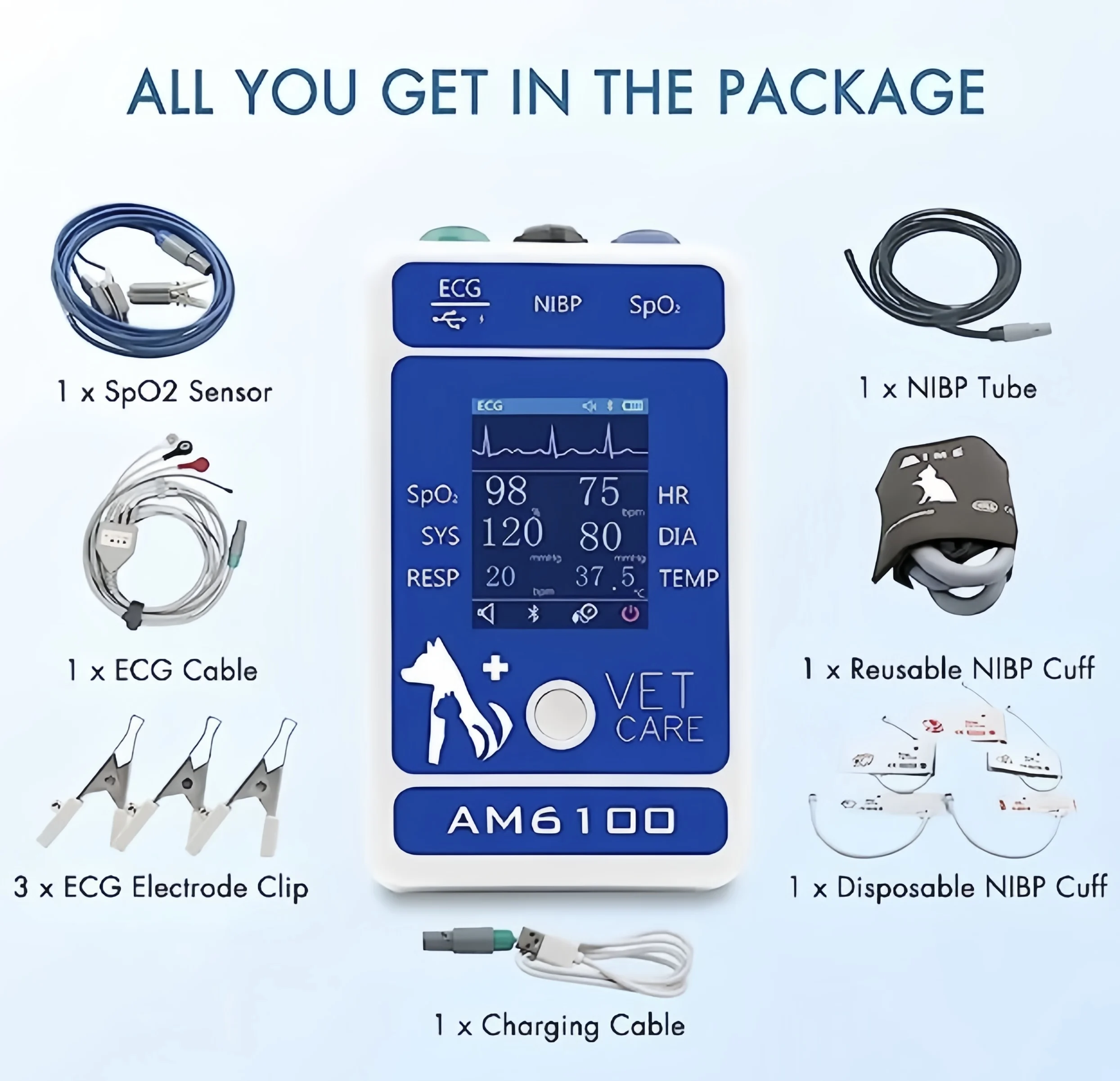 Am6100 veterinary monitor and accessories can handle animal vital signs: PR, HR, NIBP (blood pressure), Spo2, respiration, TEM