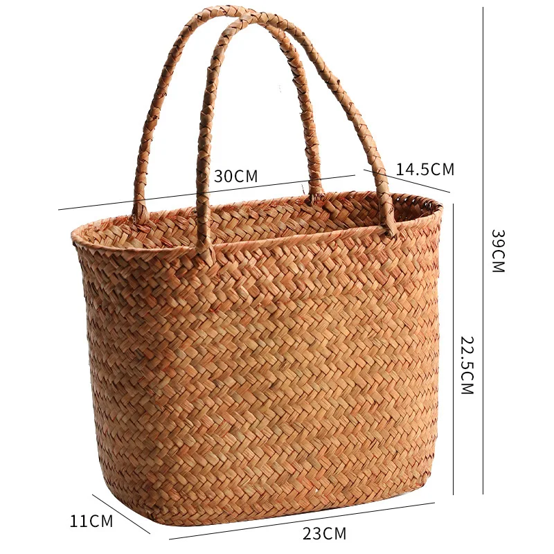 Eco-Friendly Woven Grass Storage Bags for Picnics and Outings Hanging Makeup Organizer Handmade Travel Bag for Women Shopping