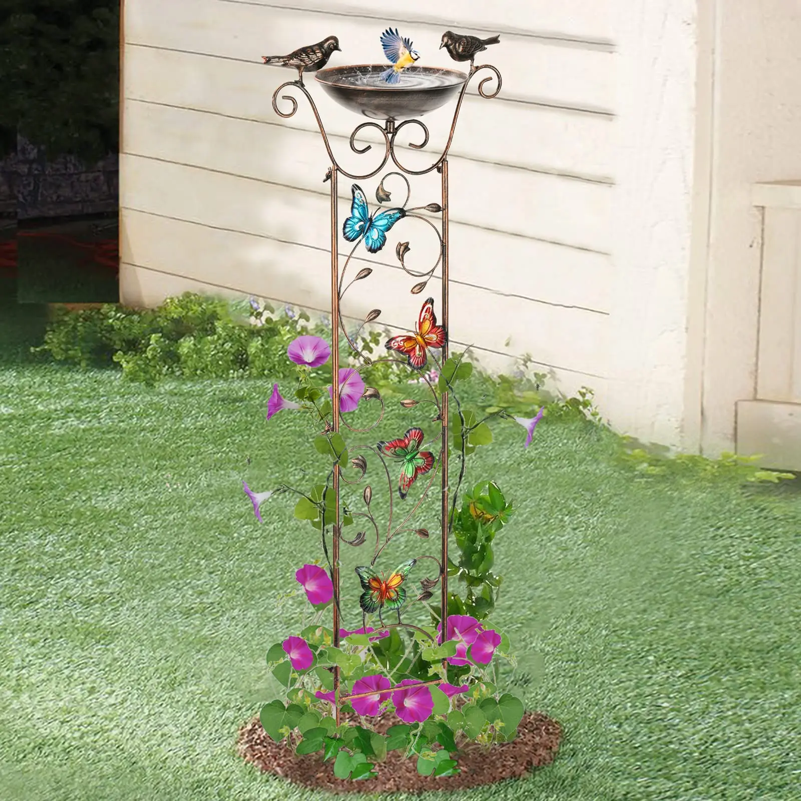 Antique Garden Iron Trellis with Hummingbird Butterfly Detachable Bird Bath Bowl DIY Metal Potted Plant Flower Climbing Support