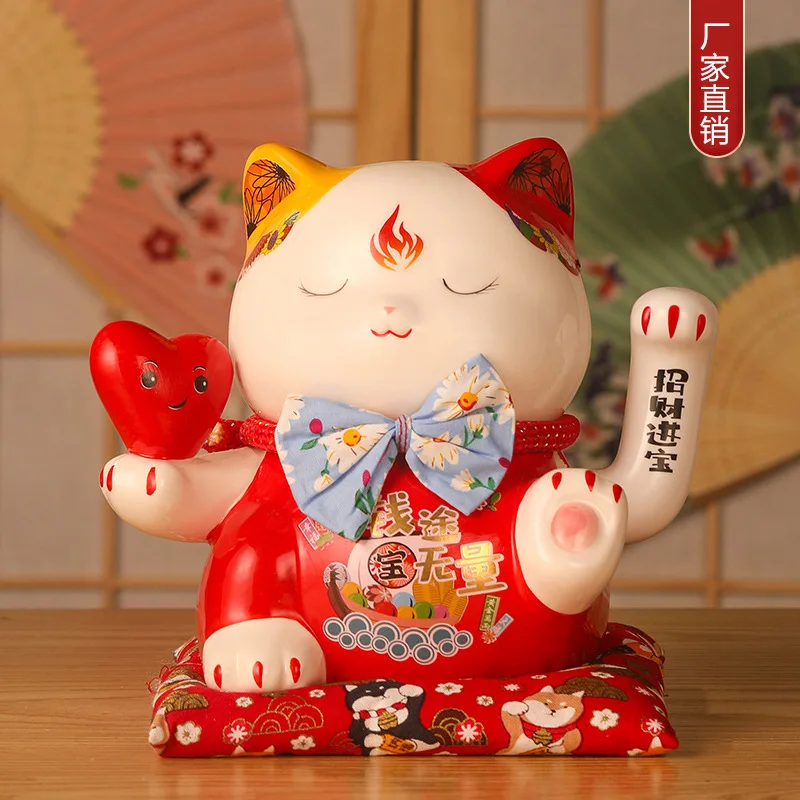 7.5 Inch Ceramic Cute Smiley Lucky Cat Figurines Feng Shui Wealth Fortune Ornaments Shaking Hands Home Decoration Accessories