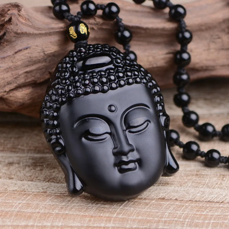 Natural Black Gold Obsidian, Buddha Head Pendant, Sakyamuni Buddha Carving Pendant