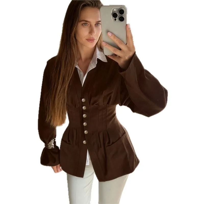 레트로 플리츠 슬림핏 허리 슬림 카디건 가을 스타일리시 디자인 여성 캐주얼 솔리드 컬러 버튼 긴팔 포켓 셔츠
