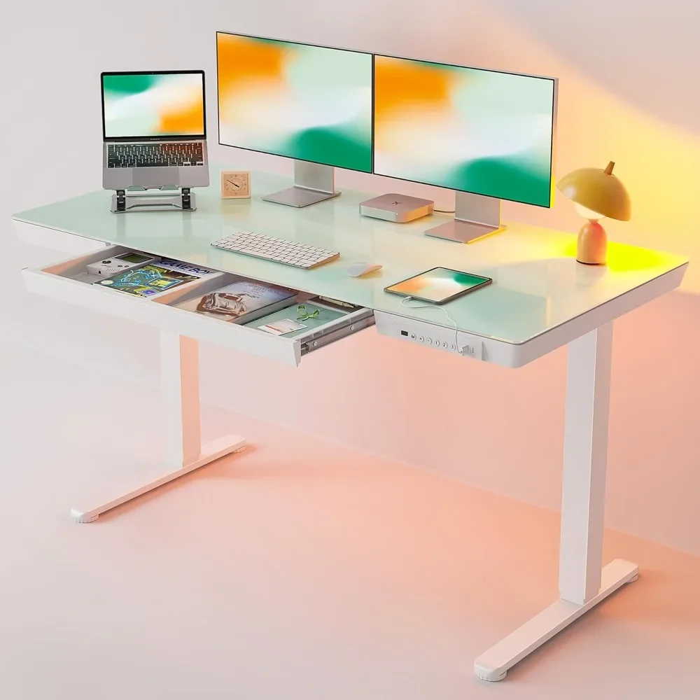 

55 × 24 Electric Standing Desk with Drawers, Whole-Piece Glass Adjustable Height Desk, One-Piece Quick Install Adjustable