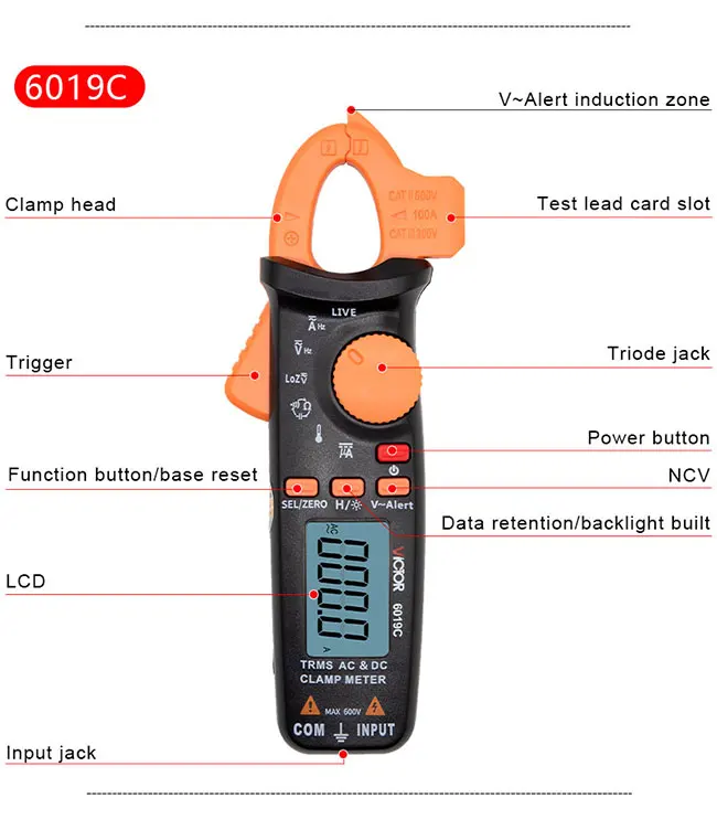 VICTOR 6019C light 137g weight true rms electrical clamp meter 60Hz/ 1000Hz frequency with diode / NCV test multi meter