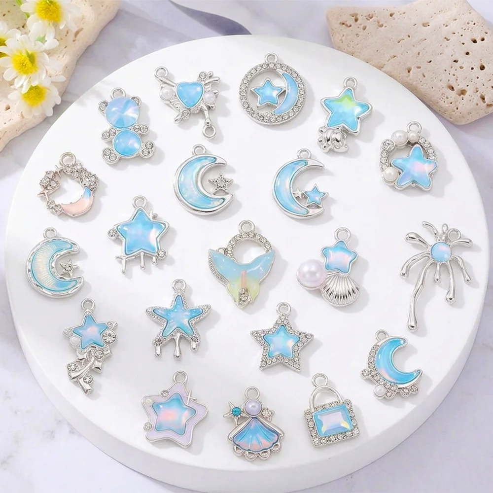 10Pcs Silver Color Moon Star Bear Charms Crystal Rhinestone Pendants For DIY Jewelry Making Necklace Bracelet Earrings Findings