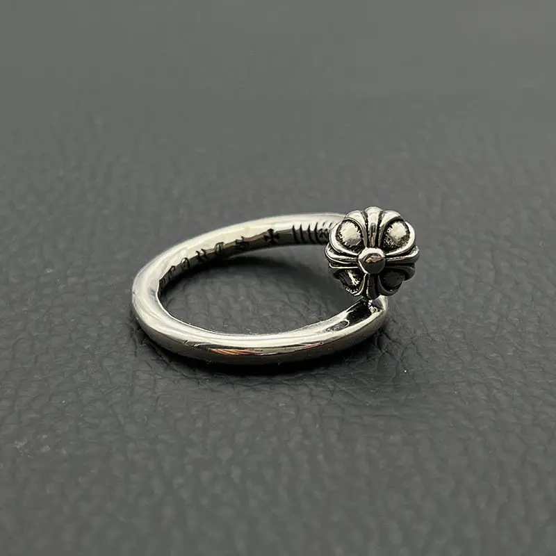 

S925 Sterling Silver Premium Retro Convex Head Nail Opening Ring Cross Flower Men's Medieval Ring