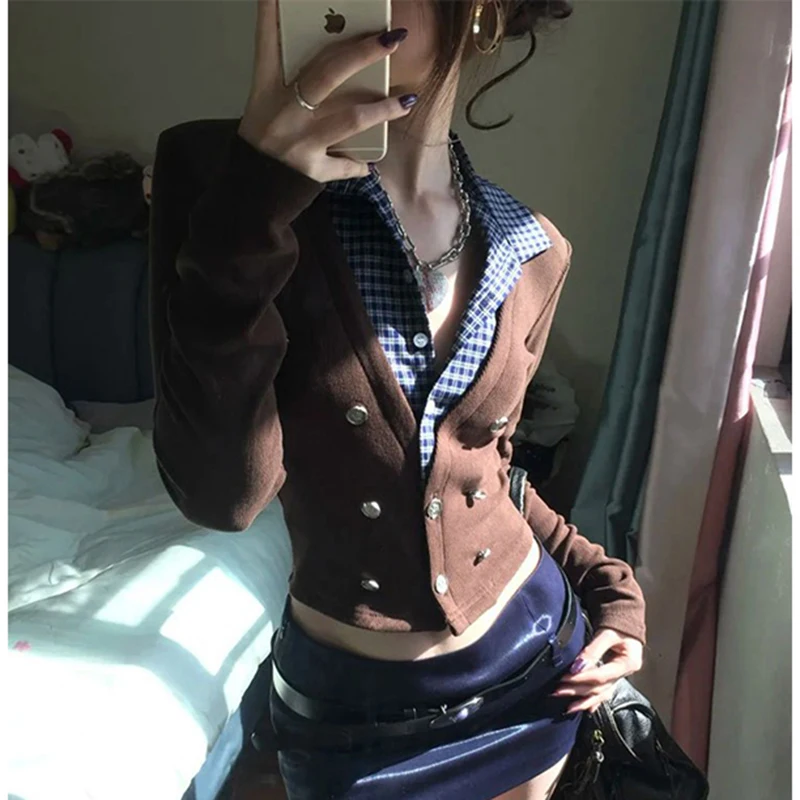 

MEXZT Y2K Cropped Knitted Cardigan Women Plaid Patchwork Sweater Outerwears Harajuku Vintage Knitwears Winter Gyaru Slim Jumpers