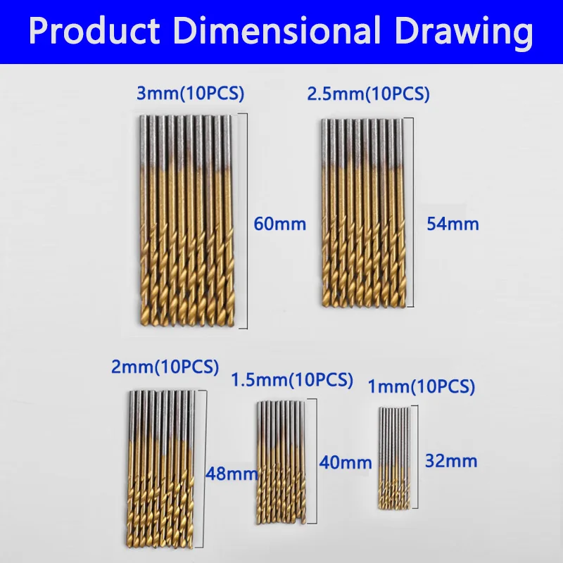 50Pcs Titanium Coated Drill Bit Diameter 1/1.5/2/2.5/3mm HSS High Speed Steel Drill Bit Set Tool, High-quality Electric Tool