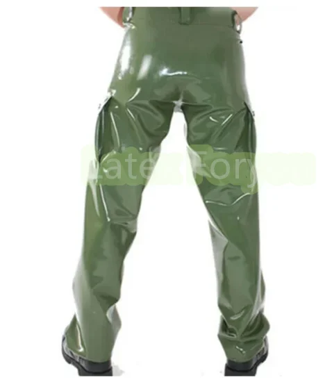 Handmade Natural Latex Gummi Pants Army Green Rubber Men's Side Pocket Front Zipper Customized 0.4mm Cosplay Costumes