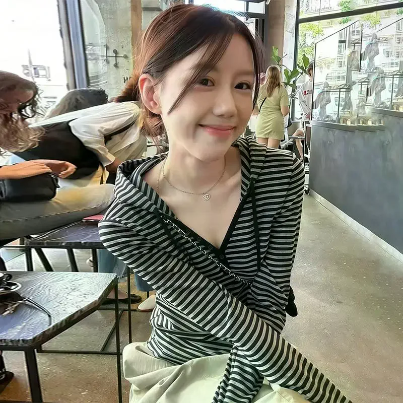 

Women Long Sleeve Hoodie Ladies Loose Fit Striped Autumn Top Casual Style Home