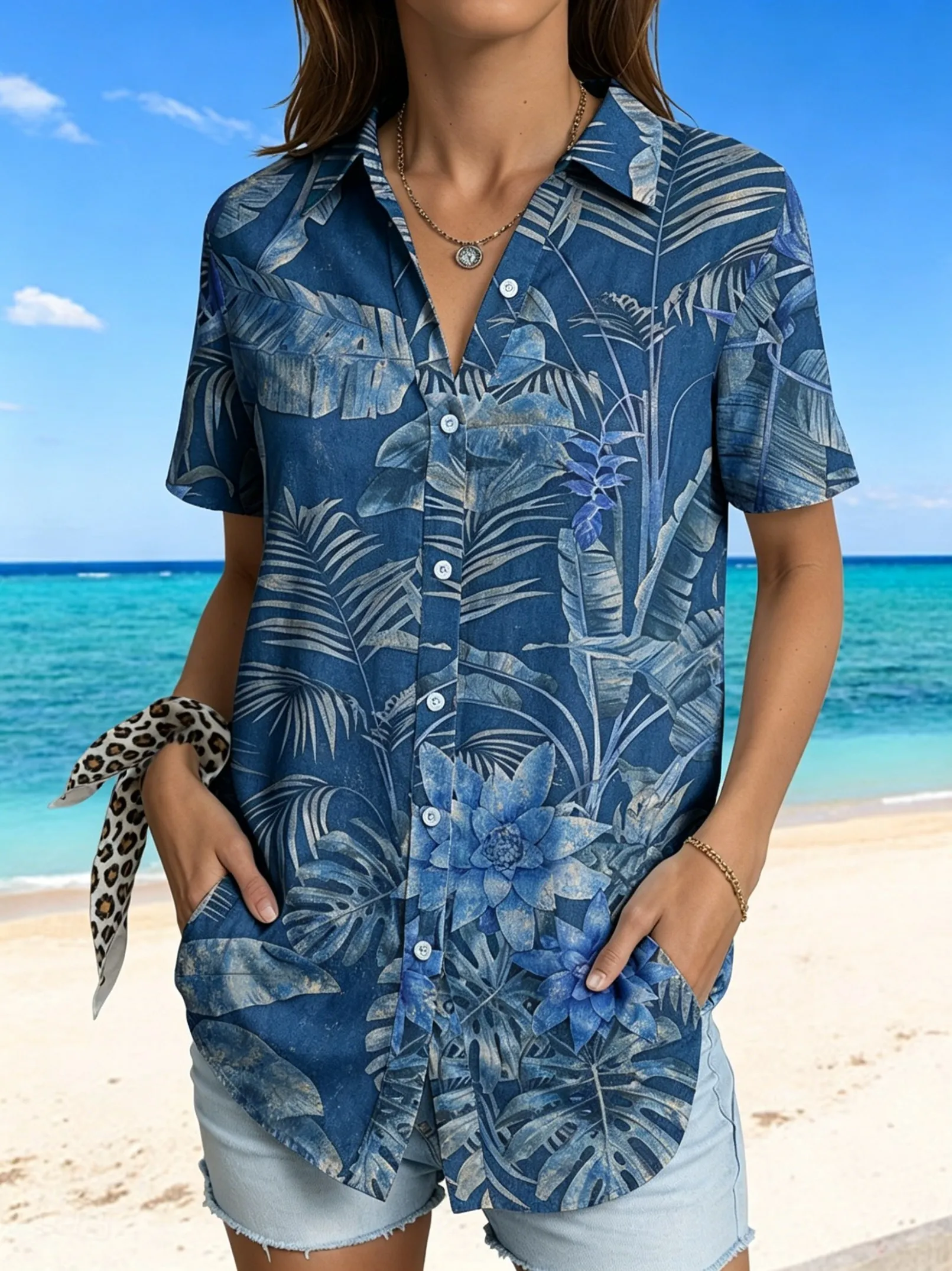 Women's Short Sleeve Tropical Plant Print Button Down Casual Shirt Elegant Daily Blouse Tops in Green for Spring Summer