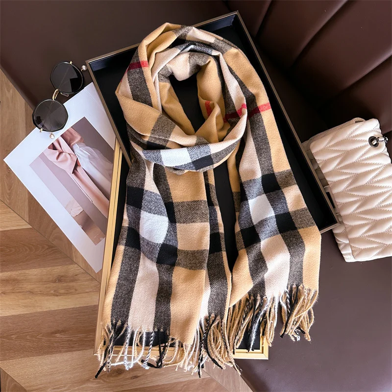 2024 New Luxury Brand Fashion Women\'s Autumn/Winter Stripe Plaid Tassel Imitation Cashmere Scarf Warm Pashmina Shawl Wholesale