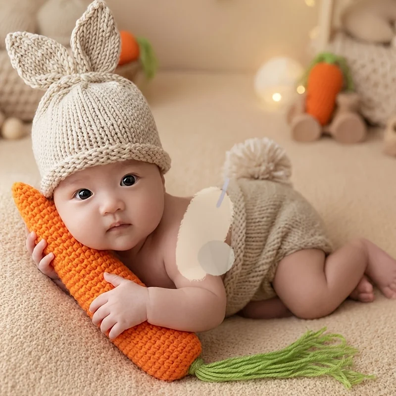 

Комплект из 3 предметов для фотосессии новорожденных: вязаный комбинезон бежевого цвета с мультяшным кроликом, шорты, шапочка-морковка и мягкие аксессуары для фотосъемки младенцев, унисекс