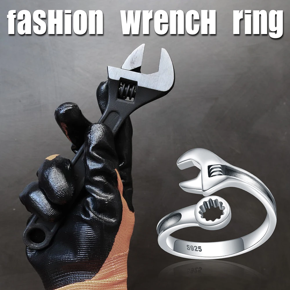 925 Sterling Silver Adjustable Mechanic Wrench Tool Vintage Spanner Rings Jewelry Christmas Day Gifts for Women Men Friends