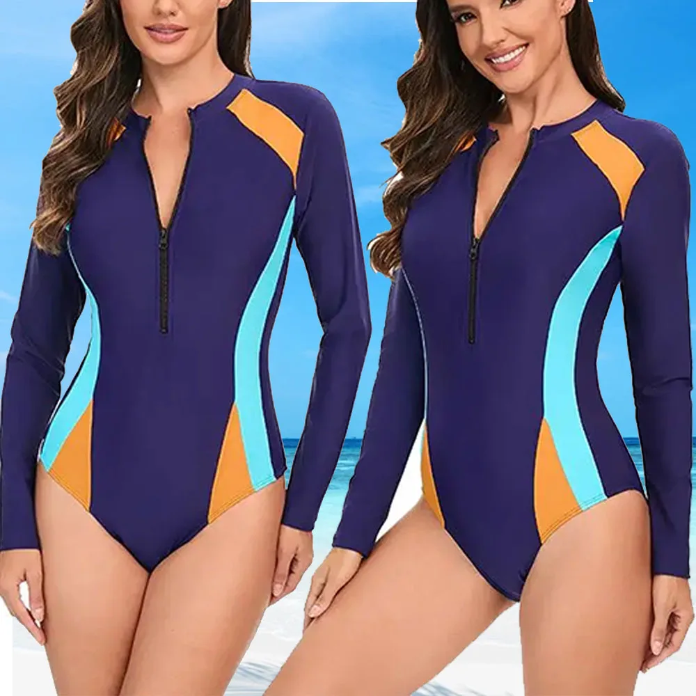 Nadanbao Sexy Color Match Bodysuit Swimsuit Women Digital Printing One Piece Swimsuit Female Zipper Long Sleeve Swimwear