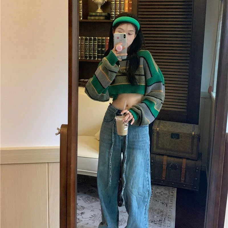 Short Lazy Style Contrast Striped Sweater Women Autumn 2023 New Spicy Girl Pullover Cropped Knitted Y2K Top
