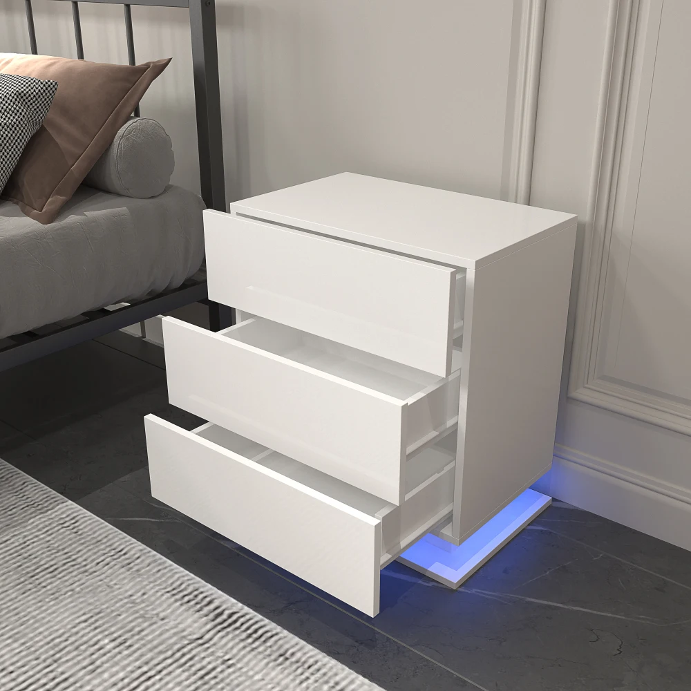 LED Nightstand with 3 Drawers White Bedside Table Modern End Side Table for Bedroom