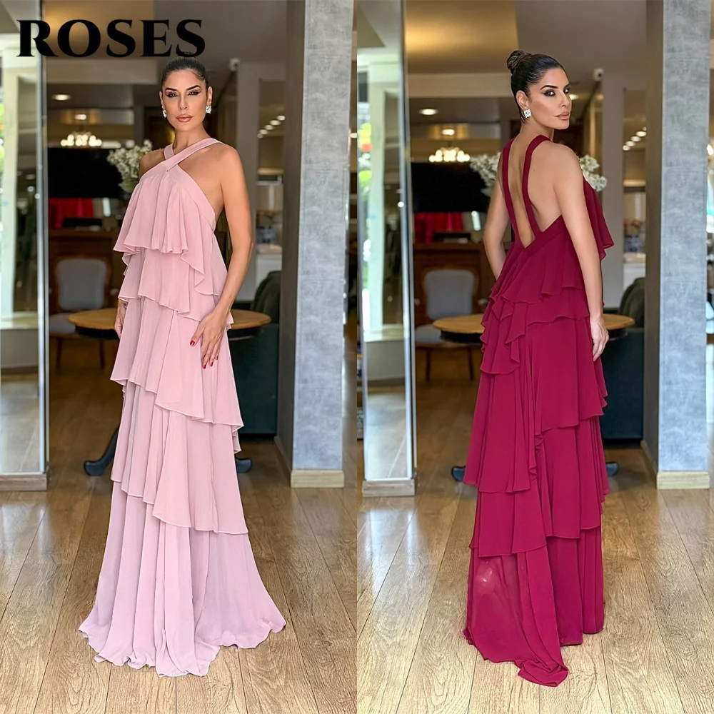 

ROSES Burgundy Prom Dress Cross Halter Sleeveless Party Dress Multi-Ruffle and Open-Back Dresses for Special Events Customized