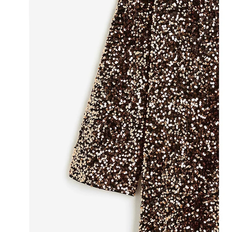 Summer New Women's Simple round Ne Long Sve Sequin Dr oulder Insert A-Line Skirt Polyester Fiber Commute Sle Loos...