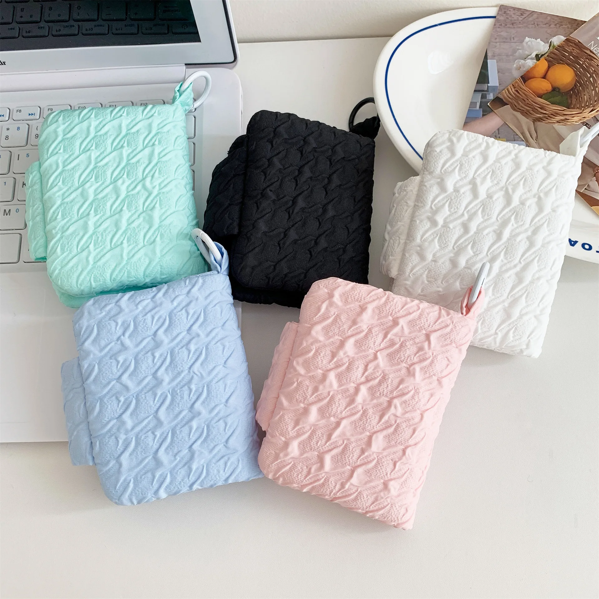 Korean Textured Fabric Mini Cosmetic Bag with Keyring Portable Zipper Makeup Pouch Small Lipstick Earphone Storage Case for Wome