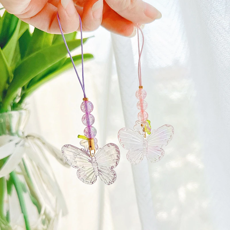 Convallaria-Pendentif fleur papillon pour téléphone, perle mignonne, porte-clés court, charme de téléphone coloré, petites sangles de téléphone, cadeaux doux et exquis