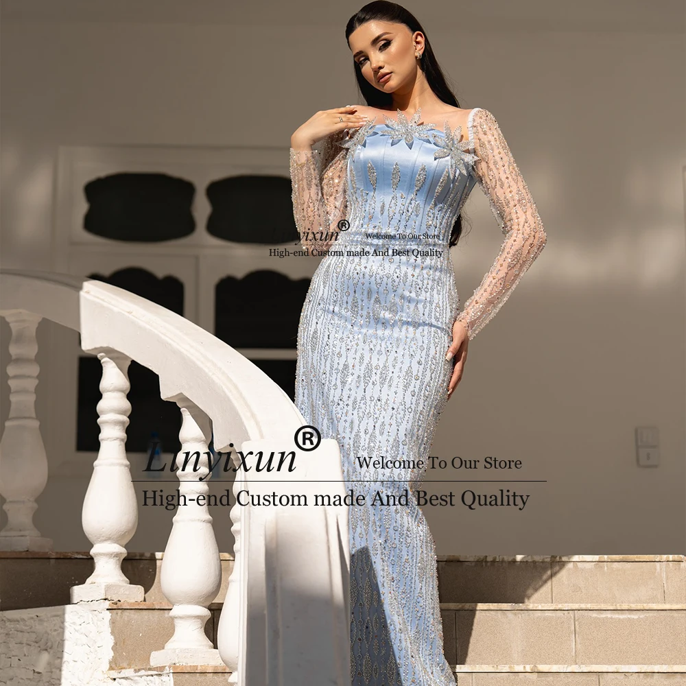 

Роскошные платья для выпускного вечера с бриллиантами в Дубае для женщин, 2024, свадебные платья русалки с длинными рукавами, индивидуальные исполняют فسات