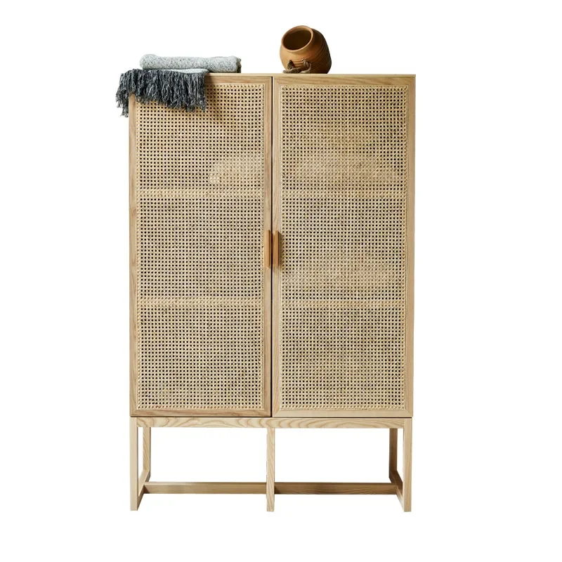 

wabi-sabi wind solid wood rattan, dining side cabinet for home use, living room Nordic retro, locker bedroom